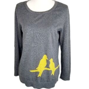 B Design Charcoal Gray Birds On a Branch Cotton Sweater Pullover Jumper Size M